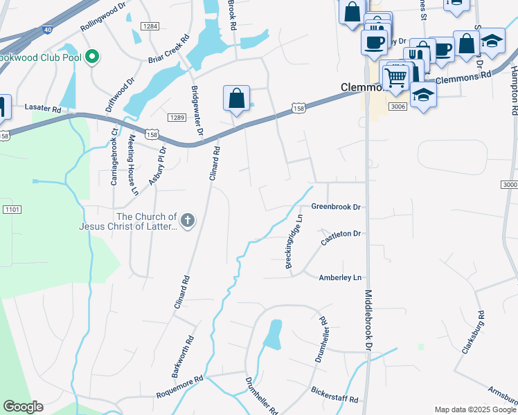 map of restaurants, bars, coffee shops, grocery stores, and more near 6866 Greenbrook Drive in Clemmons