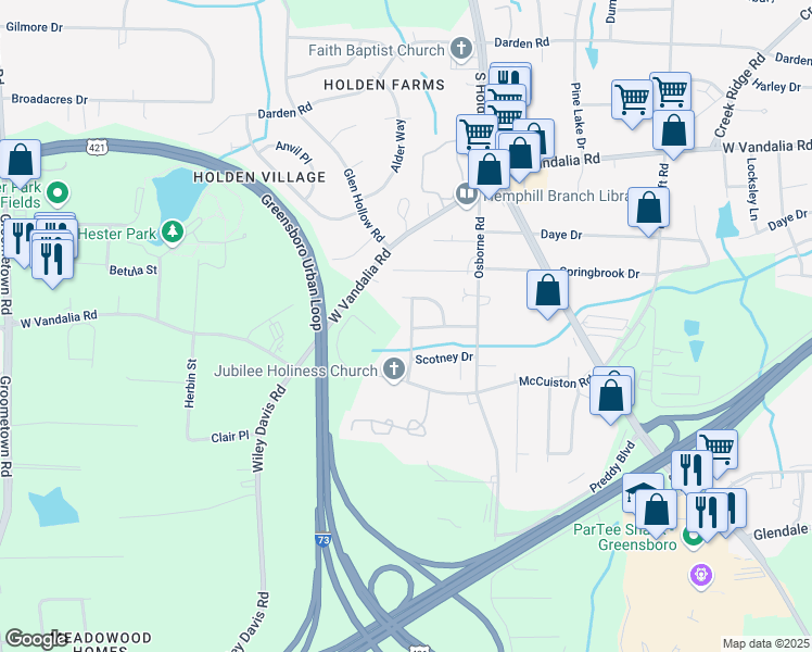 map of restaurants, bars, coffee shops, grocery stores, and more near 3608 Dartford Drive in Greensboro