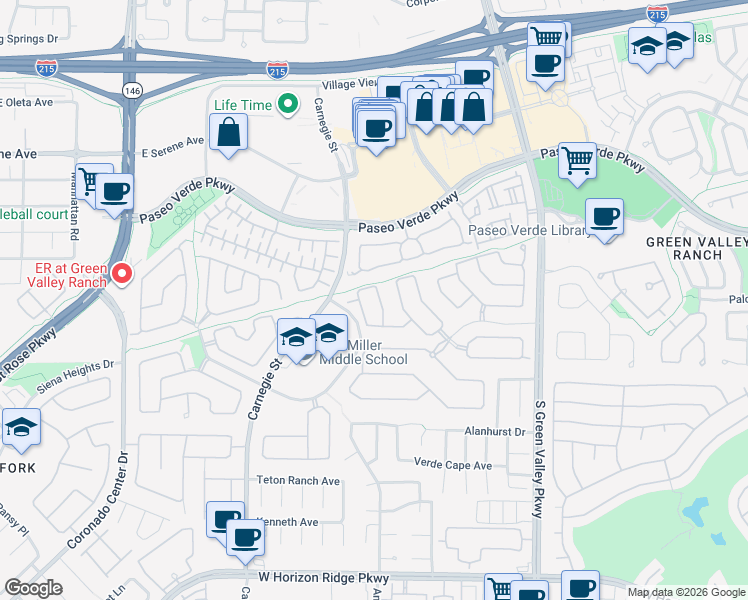 map of restaurants, bars, coffee shops, grocery stores, and more near 299 Queen Creek Circle in Henderson