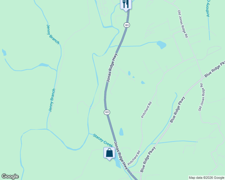 map of restaurants, bars, coffee shops, grocery stores, and more near 1121 Jonas Ridge Highway in Newland