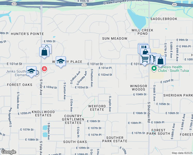 map of restaurants, bars, coffee shops, grocery stores, and more near 10226 South Hudson Place in Tulsa