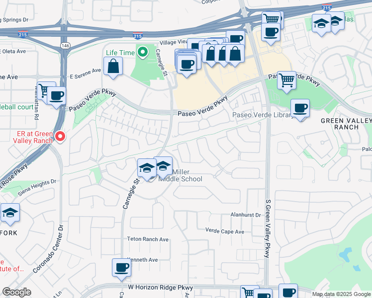 map of restaurants, bars, coffee shops, grocery stores, and more near 283 Queen Creek Circle in Henderson