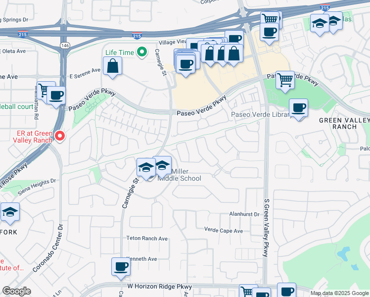 map of restaurants, bars, coffee shops, grocery stores, and more near 283 Queen Creek Circle in Henderson