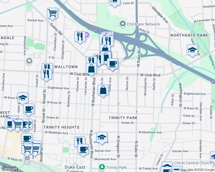 map of restaurants, bars, coffee shops, grocery stores, and more near 1110 Englewood Avenue in Durham