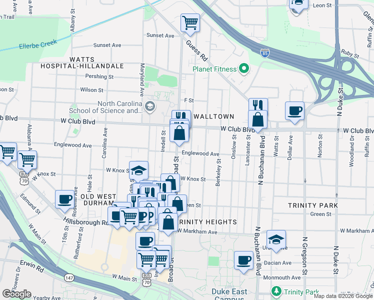 map of restaurants, bars, coffee shops, grocery stores, and more near 1018 Clarendon Street in Durham