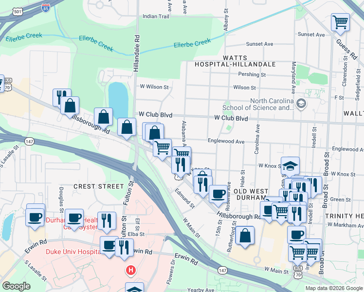 map of restaurants, bars, coffee shops, grocery stores, and more near 1016 Alabama Avenue in Durham