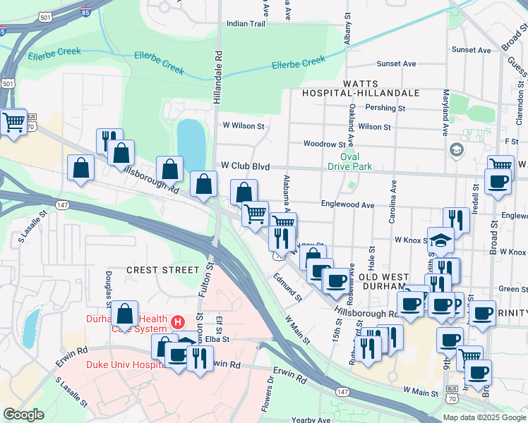 map of restaurants, bars, coffee shops, grocery stores, and more near 2800 Lawndale Avenue in Durham