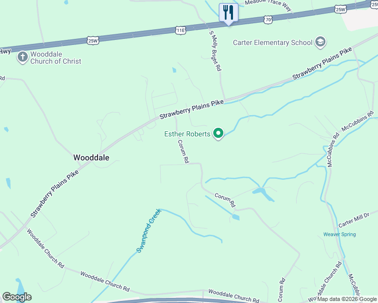 map of restaurants, bars, coffee shops, grocery stores, and more near 414 Corum Road in Knoxville