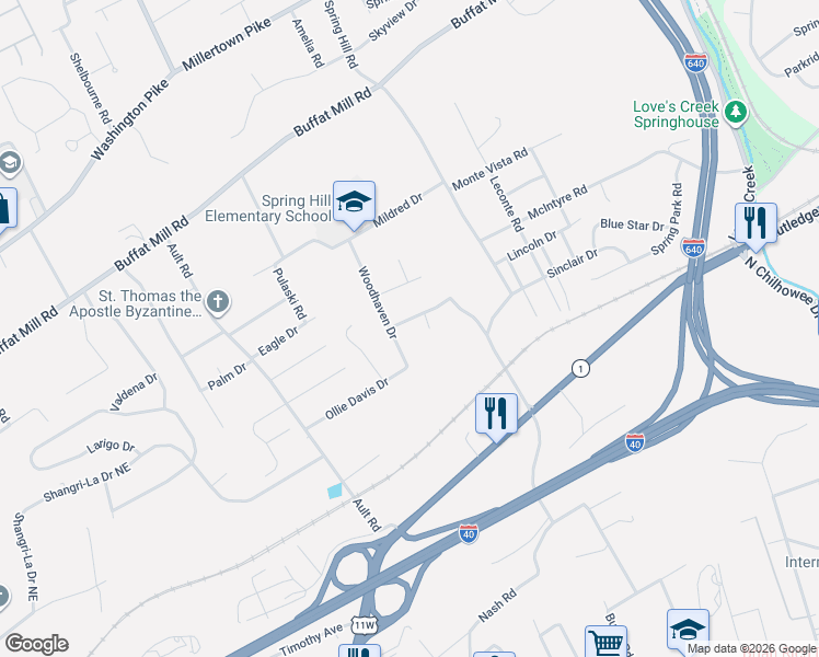 map of restaurants, bars, coffee shops, grocery stores, and more near 1804 Woodhaven Drive in Knoxville