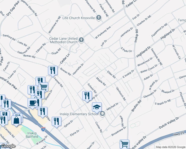 map of restaurants, bars, coffee shops, grocery stores, and more near 4815 White Poplar Way, in Knoxville
