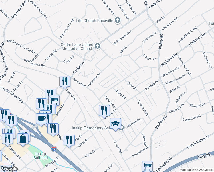 map of restaurants, bars, coffee shops, grocery stores, and more near 711 High Point Way, in Knoxville