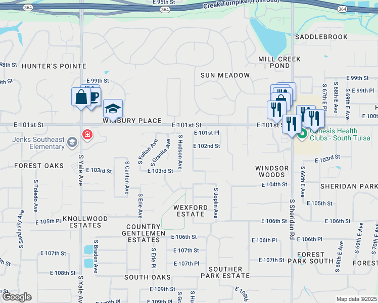 map of restaurants, bars, coffee shops, grocery stores, and more near 10226 South Hudson Place in Tulsa