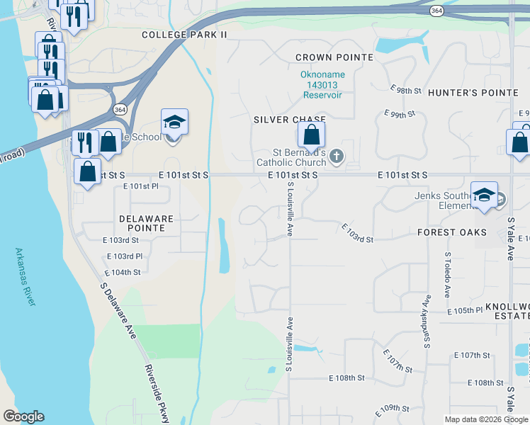 map of restaurants, bars, coffee shops, grocery stores, and more near 10209 South Knoxville Avenue in Tulsa
