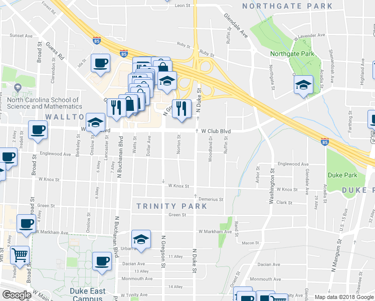 map of restaurants, bars, coffee shops, grocery stores, and more near 1509 North Duke Street in Durham