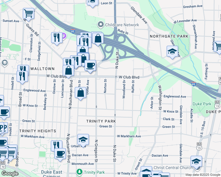 map of restaurants, bars, coffee shops, grocery stores, and more near 1509 North Duke Street in Durham