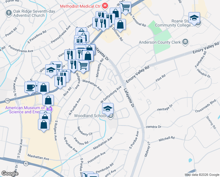 map of restaurants, bars, coffee shops, grocery stores, and more near 108 Graham Place in Oak Ridge