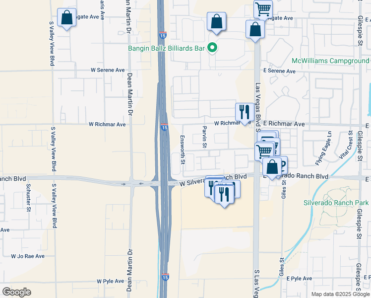 map of restaurants, bars, coffee shops, grocery stores, and more near 9596 Ensworth Street in Las Vegas
