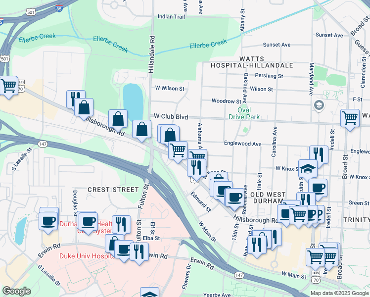 map of restaurants, bars, coffee shops, grocery stores, and more near 1009 Golf Street in Durham