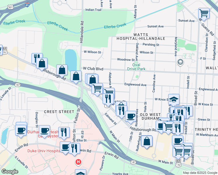 map of restaurants, bars, coffee shops, grocery stores, and more near 1025 Alabama Avenue in Durham