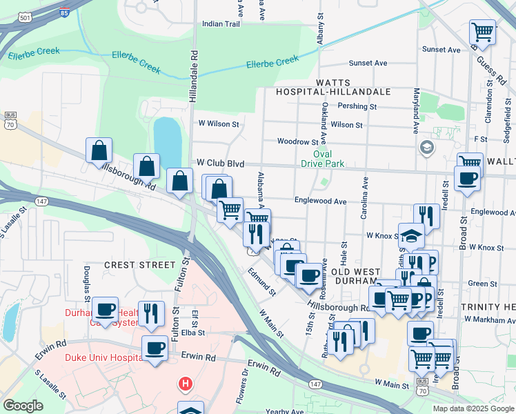 map of restaurants, bars, coffee shops, grocery stores, and more near 1025 Alabama Avenue in Durham