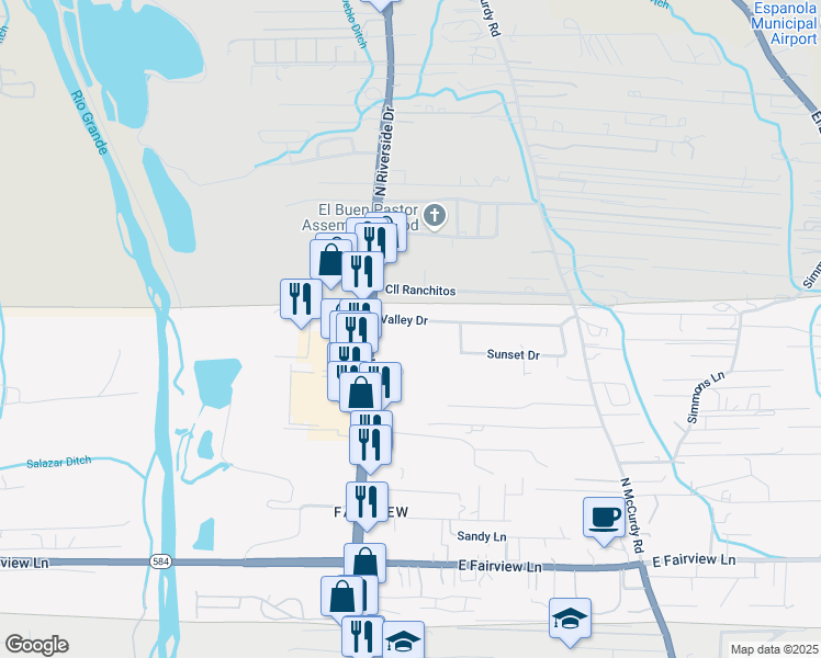 map of restaurants, bars, coffee shops, grocery stores, and more near 1578-1582 Merhege Lane in Espanola