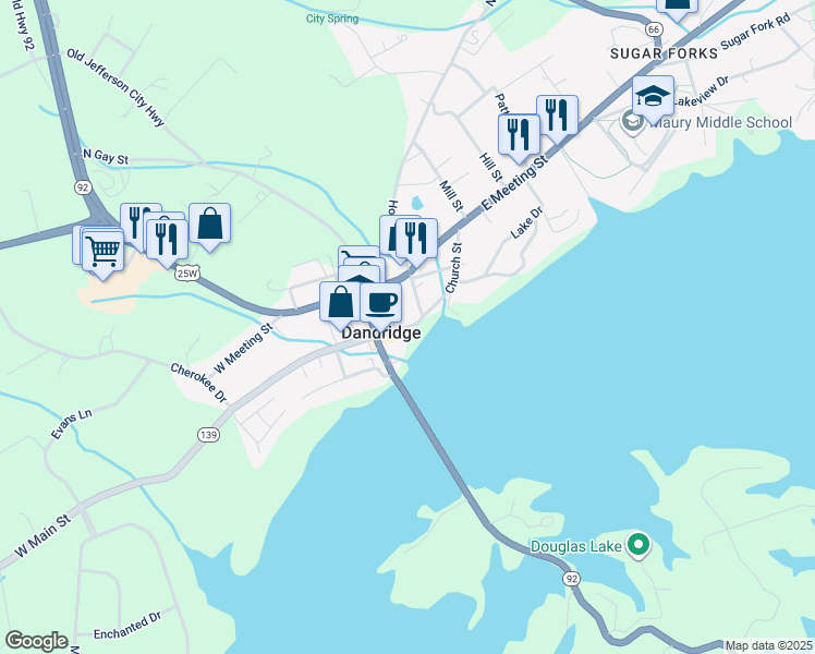 map of restaurants, bars, coffee shops, grocery stores, and more near 131 East Main Street in Dandridge