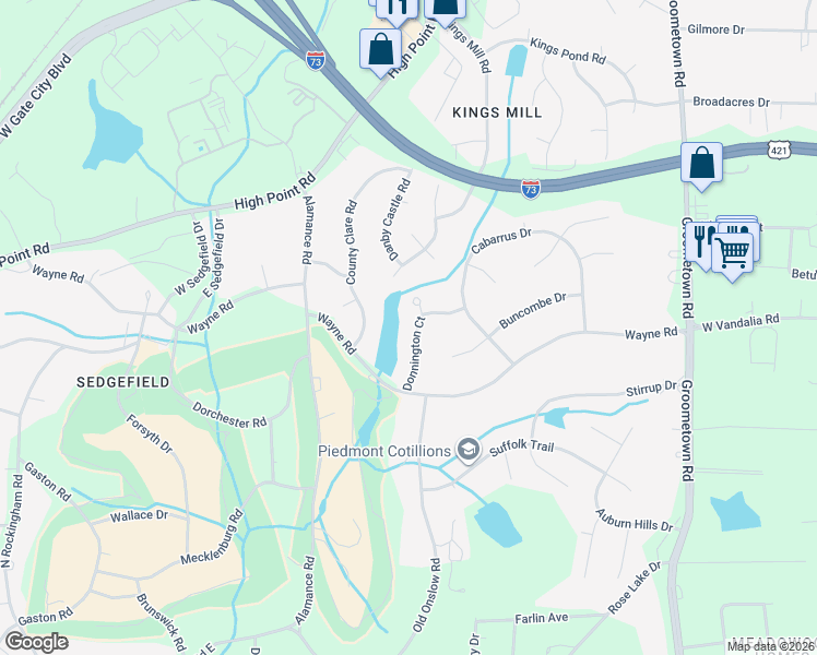 map of restaurants, bars, coffee shops, grocery stores, and more near 3405 Donnington Court in Greensboro