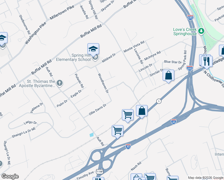 map of restaurants, bars, coffee shops, grocery stores, and more near 1804 Woodhaven Drive in Knoxville