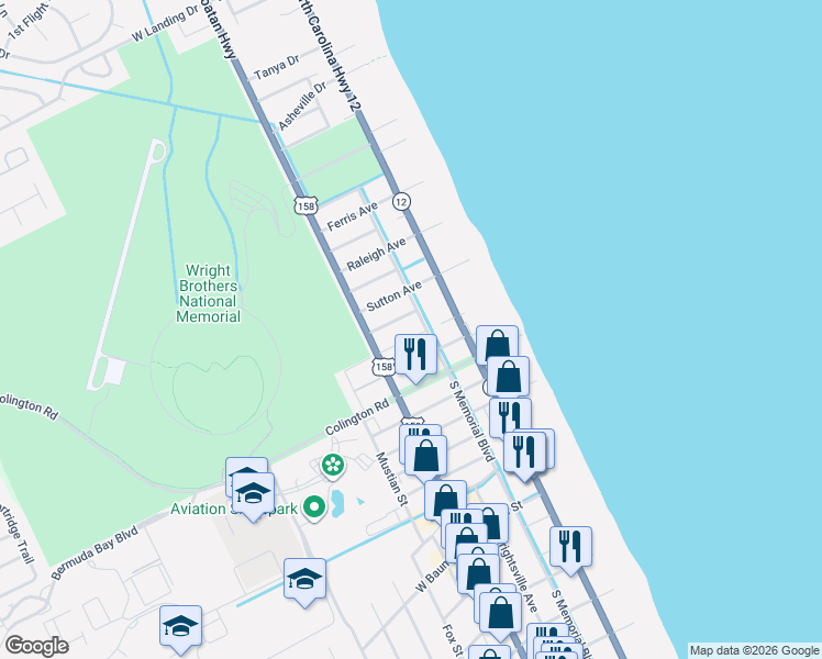 map of restaurants, bars, coffee shops, grocery stores, and more near 115 East Aviation Avenue in Kill Devil Hills