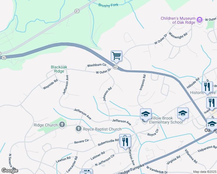 map of restaurants, bars, coffee shops, grocery stores, and more near 152 Johnson Road in Oak Ridge