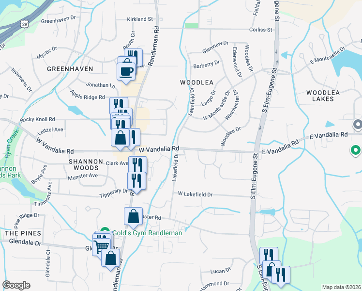 map of restaurants, bars, coffee shops, grocery stores, and more near 227 West Vandalia Road in Greensboro