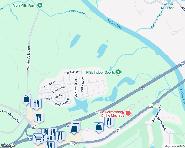 map of restaurants, bars, coffee shops, grocery stores, and more near 132 Kilbourne Drive in Bermuda Run