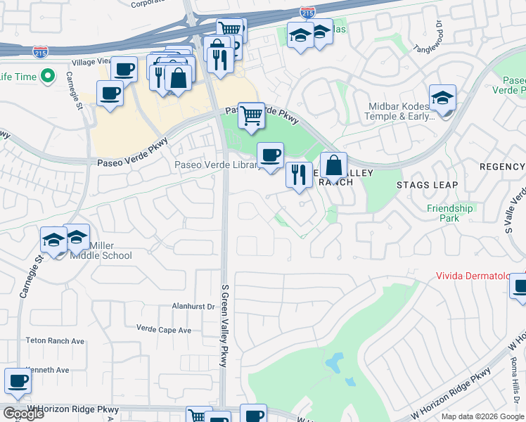 map of restaurants, bars, coffee shops, grocery stores, and more near 330 Doe Run Circle in Henderson