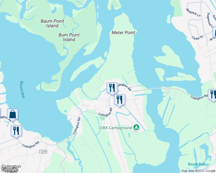 map of restaurants, bars, coffee shops, grocery stores, and more near 117 Beasley Lane in Kill Devil Hills
