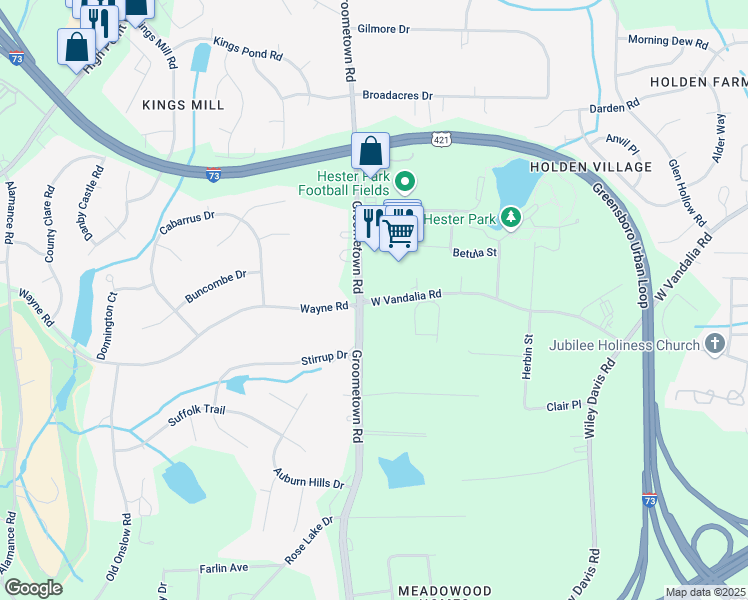 map of restaurants, bars, coffee shops, grocery stores, and more near 2985-2999 West Vandalia Road in Greensboro