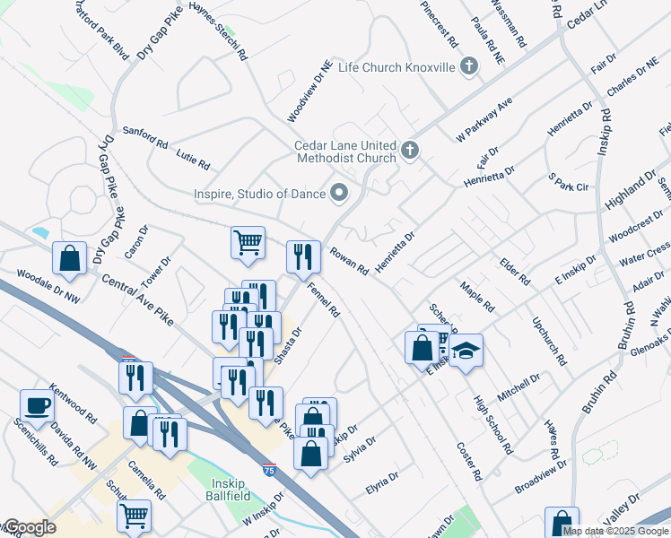 map of restaurants, bars, coffee shops, grocery stores, and more near 5130 Fennel Road in Knoxville