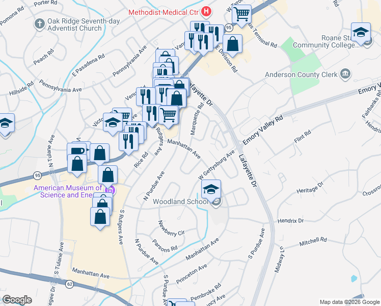 map of restaurants, bars, coffee shops, grocery stores, and more near 107 Marshall Circle in Oak Ridge