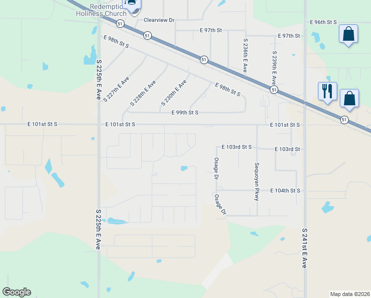 map of restaurants, bars, coffee shops, grocery stores, and more near 10309 South 233rd East Place in Broken Arrow