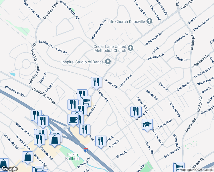 map of restaurants, bars, coffee shops, grocery stores, and more near 5130 Fennel Road in Knoxville