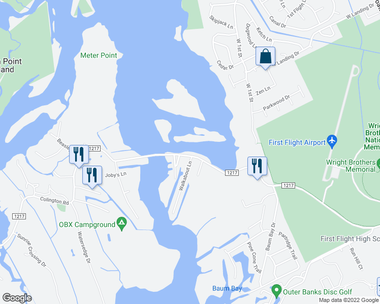 map of restaurants, bars, coffee shops, grocery stores, and more near 1193 Colington Road in Kill Devil Hills