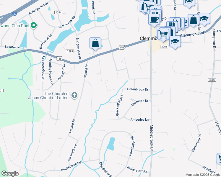 map of restaurants, bars, coffee shops, grocery stores, and more near 6855 Greenbrook Drive in Clemmons