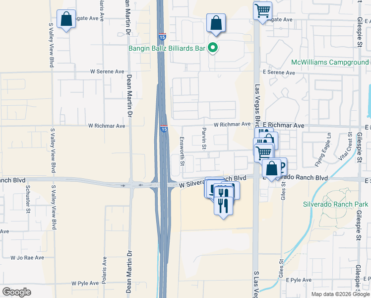 map of restaurants, bars, coffee shops, grocery stores, and more near 9596 Ensworth Street in Las Vegas