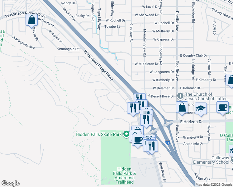 map of restaurants, bars, coffee shops, grocery stores, and more near 231 West Horizon Ridge Parkway in Henderson
