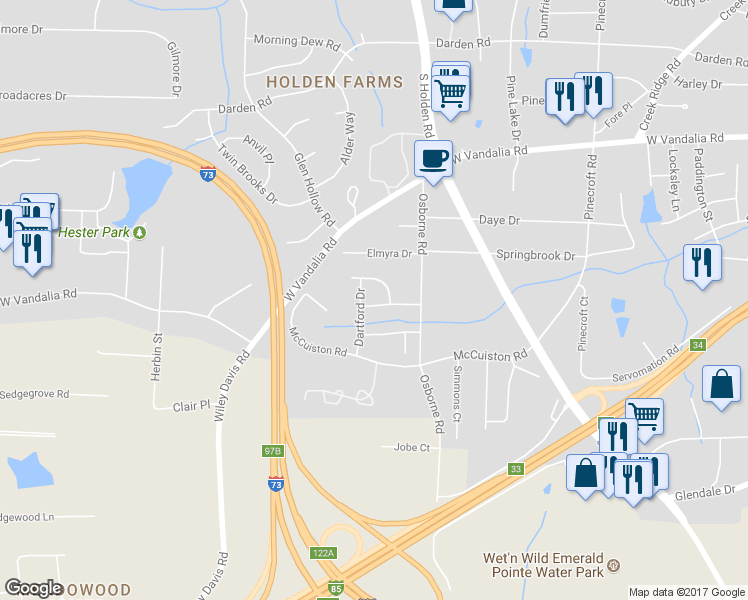 map of restaurants, bars, coffee shops, grocery stores, and more near 4204 Glenshire Way in Greensboro