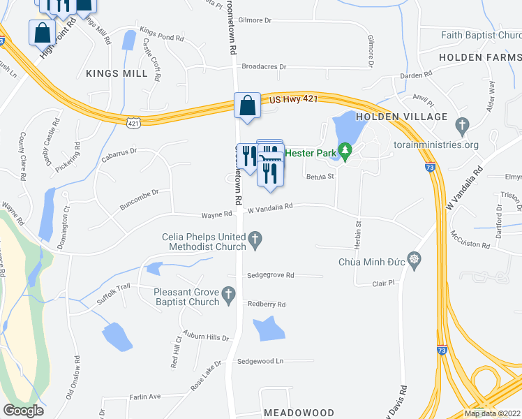 map of restaurants, bars, coffee shops, grocery stores, and more near 2985 West Vandalia Road in Greensboro
