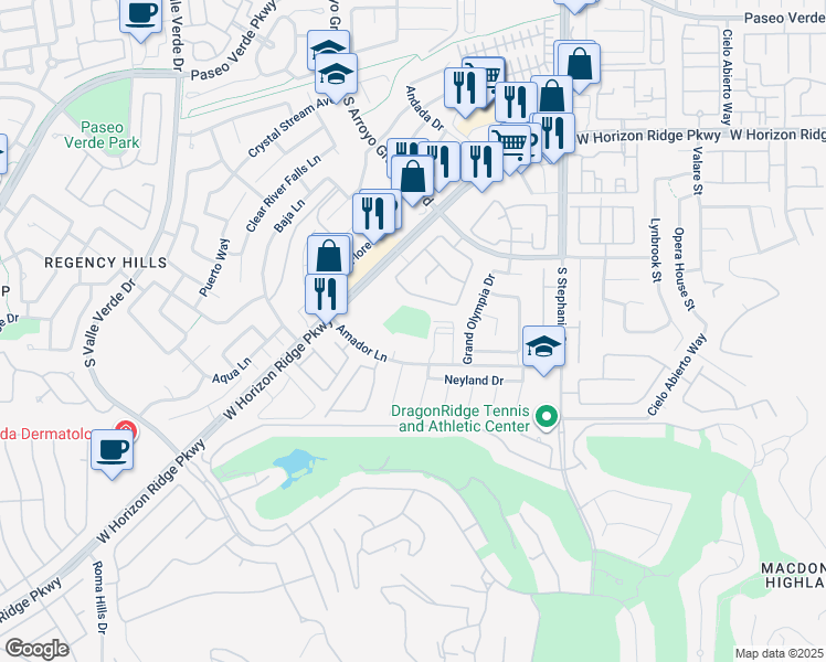 map of restaurants, bars, coffee shops, grocery stores, and more near 1562 Amador Lane in Henderson