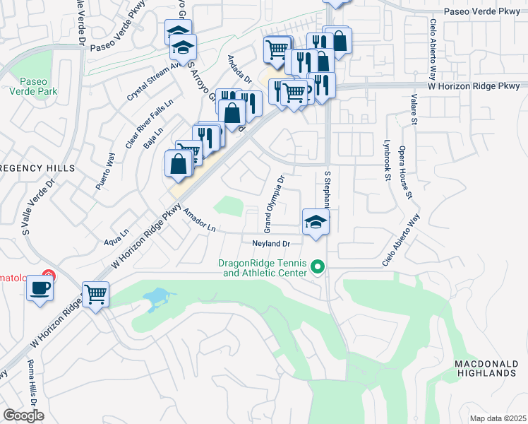 map of restaurants, bars, coffee shops, grocery stores, and more near 277 Grand Olympia Drive in Henderson