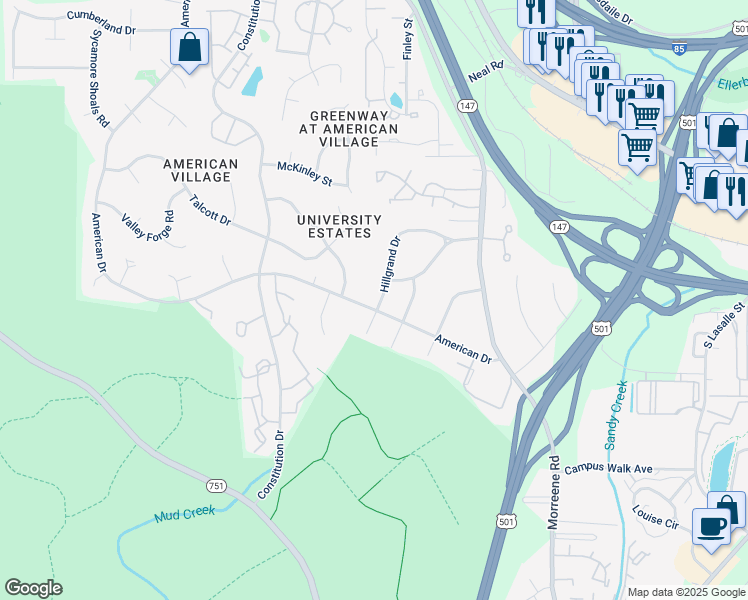 map of restaurants, bars, coffee shops, grocery stores, and more near 3910 Hillgrand Drive in Durham