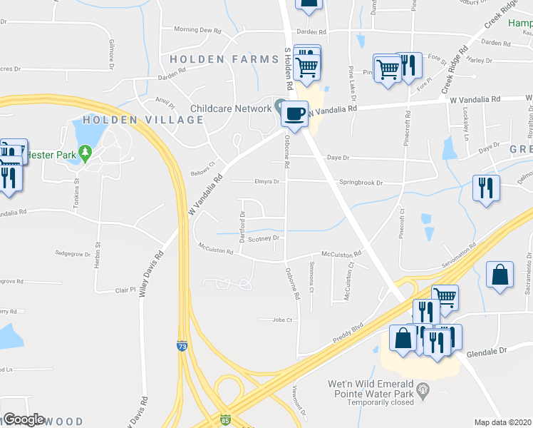 map of restaurants, bars, coffee shops, grocery stores, and more near 4110 Glenshire Way in Greensboro