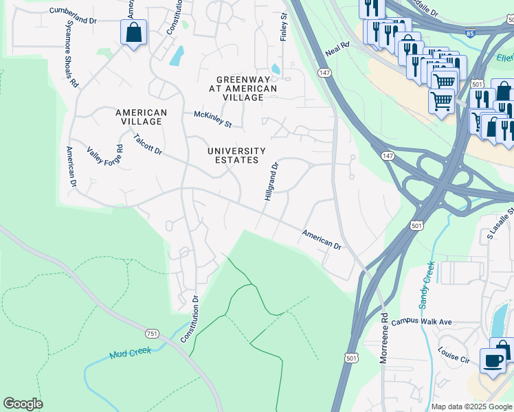 map of restaurants, bars, coffee shops, grocery stores, and more near 3910 Hillgrand Drive in Durham